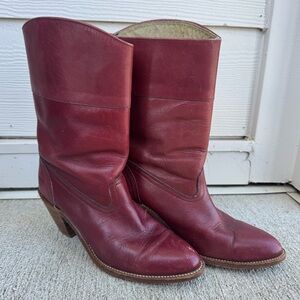 Vintage Frye Burgundy Leather Mid-Calf Western Heeled Boots